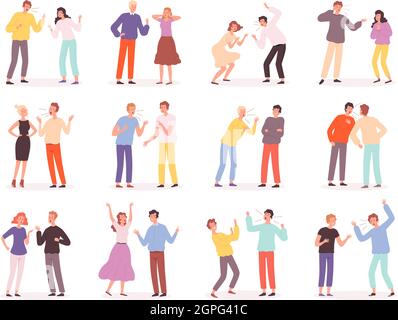 Quarrel people. Unhappy conflict family bad relationship trouble couples screaming disrespected characters angry father and mother vector Stock Vector