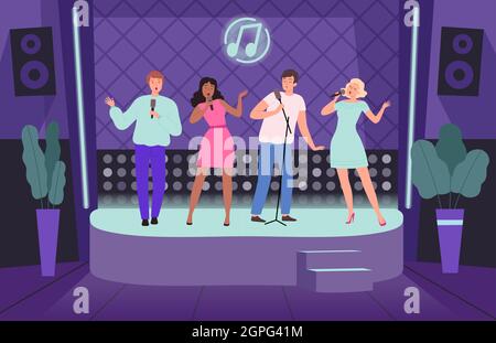 Karaoke club. Performance concert adult people group of singers on music stage vector nightclub background illustrations Stock Vector