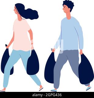 House cleaning. People with waste in bags. Organic garbage, sorting and utilization vector illustration Stock Vector