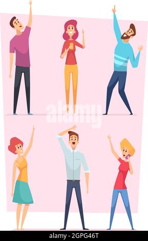 Looking up. People pointing in sky group of happy characters vector illustrations Stock Vector