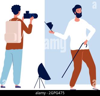 Actor photo session. Male photographer and creative man. Photo in studio vector illustration Stock Vector