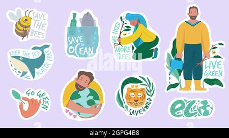Ecology sticker. Green planet save earth protection environment eco friendly vector concept badges and labels Stock Vector