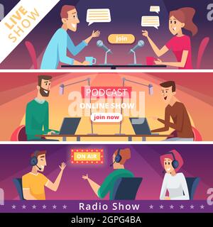 Radio show banners. Audio radio music microphones and headset live speakers vector illustrations Stock Vector