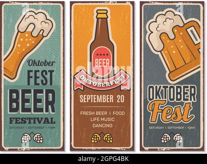 Beer festival invitation. Oktoberfest vintage banners with pictures of craft beers lager germany bavaria pub drink menu pictures vector retro template Stock Vector