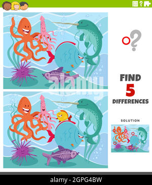 differences educational game with sea animals Stock Vector