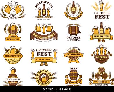 Oktoberfest logo. Traditional beer festival emblems with alcoholic drinks pictures lager pub vector elements template Stock Vector