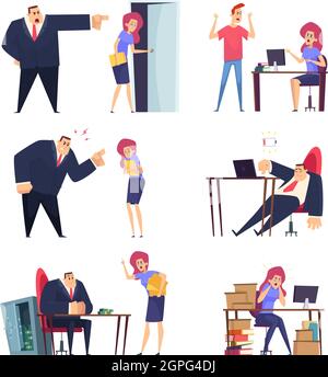 Burnout job. Problem at work overwhelmed sleepy lazy managers stressed stuff angry boss tired characters vector people Stock Vector