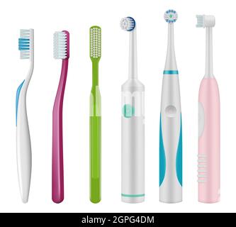 Toothbrushes. Brush for teeth mechanical and electrical type for daily dental hygiene vector realistic template Stock Vector