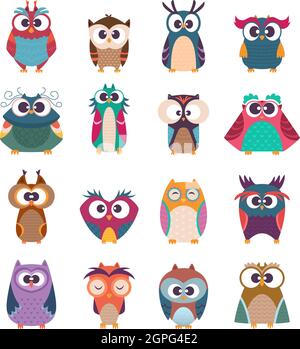Owl kids. Cute baby birds in various poses vector colored funny wild animals cartoon collection Stock Vector