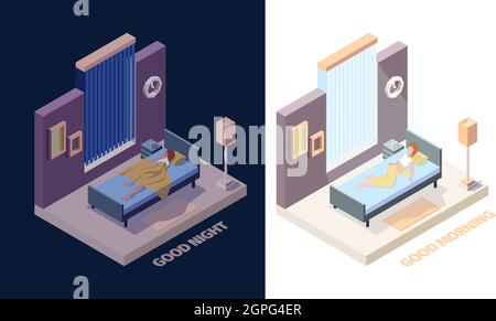 Wake up girl. Joyful happy woman in bed sleep in night and stretching hands in morning vector wake up isometric people Stock Vector