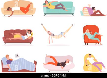 Laying people. Characters relaxing and watching tv on sofa lying lifestyle comfortable sleeping or sitting in armchair vector persons Stock Vector