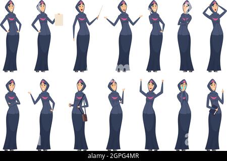 Muslim woman. Arabic business female characters in black dresses arabize and saudi girls vector people Stock Vector