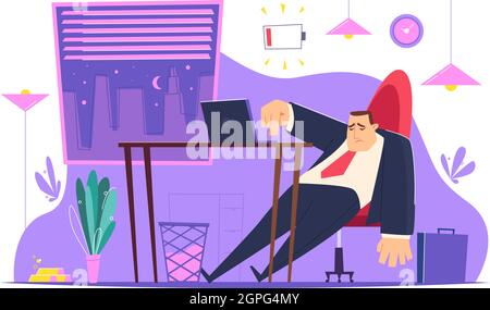 Burnout character in office. Lazy tired managers young entrepreneur depression people bad atmosphere vector business concept Stock Vector