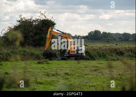 A  digger maintaining drainage ditches on low-lying grazing marsh on the Norfolk Broads at Buckenham Marshes Stock Photo