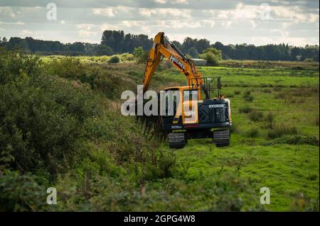 A  digger maintaining drainage ditches on low-lying grazing marsh on the Norfolk Broads at Buckenham Marshes Stock Photo