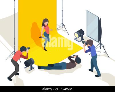 Photo session. Model posing in art studio on podium professional photographer working making digital photo set vector isometric background Stock Vector