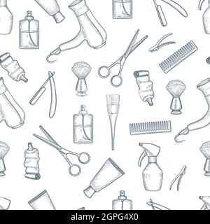 Barber shop pattern. Vintage razor comb scissors beauty salon items vector seamless background Stock Vector