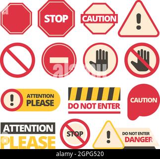 Attention signs. Stop walking and of route dont disturb help signals vector admittance signboards collection Stock Vector