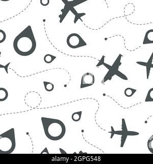 Airplane dotted route. Travel template civil aviation symbols airplane path flight vector seamless pattern Stock Vector