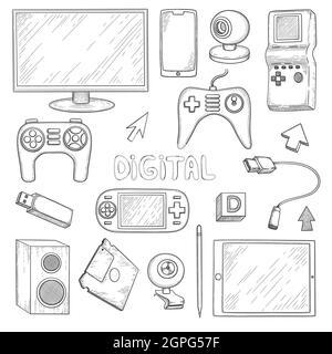 Digital gadgets. Computer pc laptop notebook smartphone earphones headset electronic technology vector doodle hand drawn collection Stock Vector