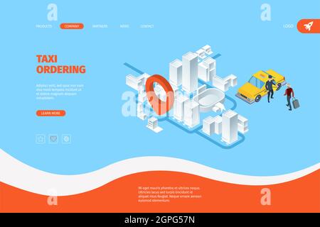 Taxi landing. Advertizing business web page with route map and yellow taxi car service destination indicator vector concept Stock Vector