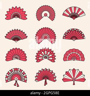 Hand fan. Japanese authentic symbols chinese draw vector beauty shapes Stock Vector