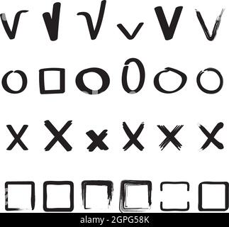 Check signs. Ticks and crosses circles and square hand drawn sketches shapes vector check marks collection Stock Vector