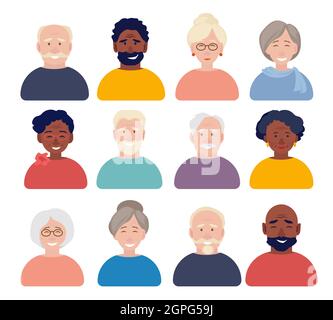 Old people avatars. Elderly characters portraits faces for cv or id documents vector flat web avatars Stock Vector