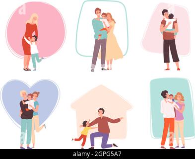 Hugging kids. Parents embrace their children. Happy family characters comforted talking mother father and baby vector group Stock Vector