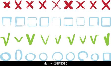 Check marks collection. Approve false reject signs geometrical square and circle shapes vector symbols Stock Vector