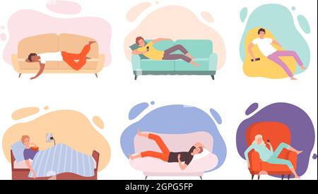 Lazy characters. Laying people on couch or sofa watching tv sleeping eating in bed relaxing persons vector illustrations Stock Vector