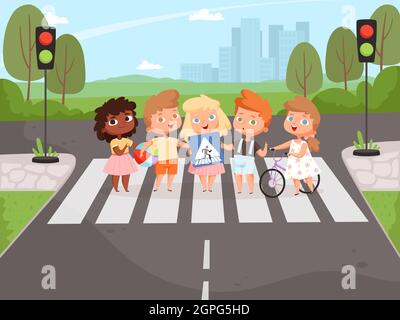 Crossroad rulles. Children learning safety road traffic lights on street and signboards vector background Stock Vector