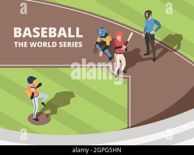 Baseball field. Sport team players playing on baseball stadium characters in action poses vector people Stock Vector
