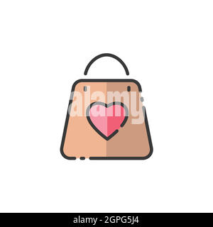 Valentine shopping bag with heart. Love symbol. Filled color icon. Commerce vector illustration Stock Vector