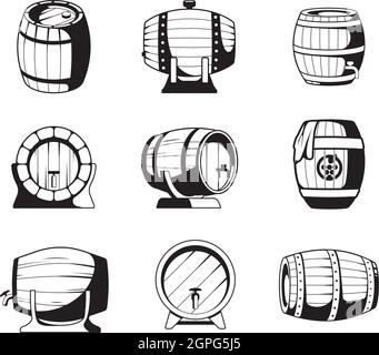 Barrels silhouettes. Wooden barrels symbols for wine or beer business logo design templates vector emblems collection Stock Vector