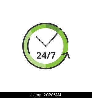 Clock. 24 7 Assistance service. Filled color icon. Commerce vector illustration Stock Vector