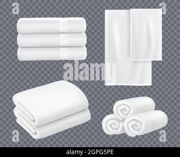 White towel. Hotel bathroom hygiene textile stacked beautiful fresh towels for washing room vector realistic sets Stock Vector