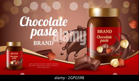 Chocolate cream ads. Delicious sweet brown paste flowing eat product vector realistic promotional placard Stock Vector