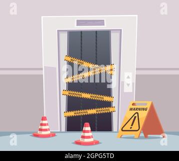 Elevator repair. Business office with closed damaged elevator doors under construction vector building interior Stock Vector