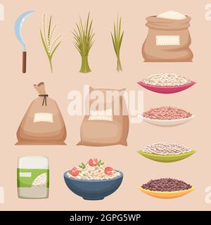 Rice grained. Storage sacks rice products grained agricultural food vector illustrations in cartoon style Stock Vector