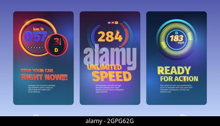 Speed banners. Racing cars abstract illustrations with speedometers and fuel indicators dashboard vector colored backgrounds Stock Vector