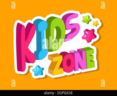 Playroom logo. Kids zone 3d lettering, banner for baby playing area with colorful letters and stars vector illustration Stock Vector