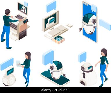 Chatbot isometric. People conversation with smart machine human connection with thinking computer head dialogue concept Stock Vector