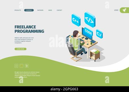 Programmer working landing. Designer or artist sitting at computer freelancer programmability vector isometric concept Stock Vector