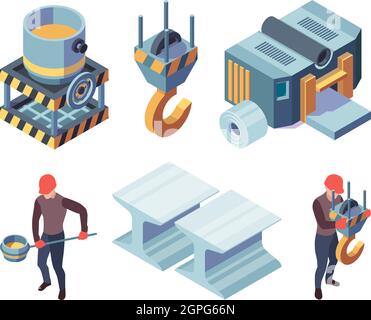 Metallurgy isometric. Steel production factory metallic foundry industrial iron steels vector collection Stock Vector