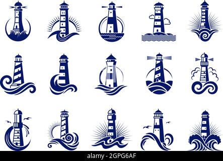 Lighthouse badges. Nautical marine travel business logos vector collection Stock Vector