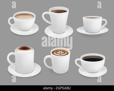 Coffee cup collection. Hot drinks with foam and steam smelling beverage top view cup with liquids coffee espresso and cappuccino vector Stock Vector