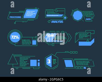 Hud callouts. Future technology frames tech bars boxes vector digital callouts collection Stock Vector