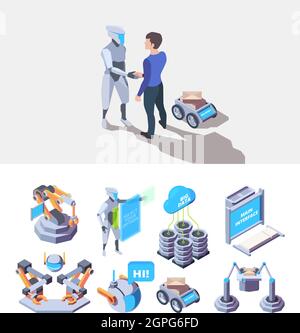 Robotic processes. Smart industry items manufacture engineering production services vector factory isometric Stock Vector