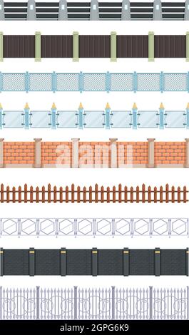 Fences seamless. Traditional wooden brick metal and wooden fence wall for village vector outdoor farm elements Stock Vector